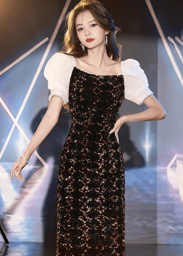 パフスリーブスパンコールマーメイドドレス - Vera Lumina