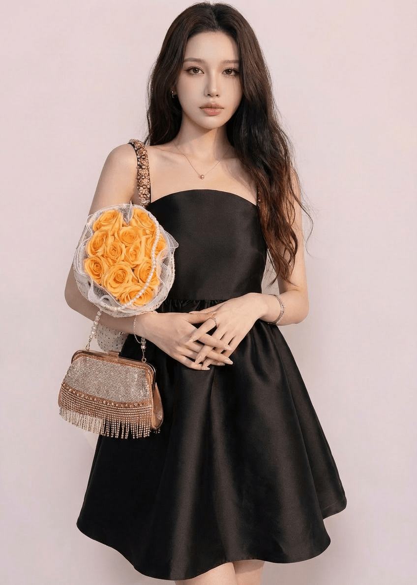 ビジューストラップサテンギャザーフレアドレス - Vera Lumina