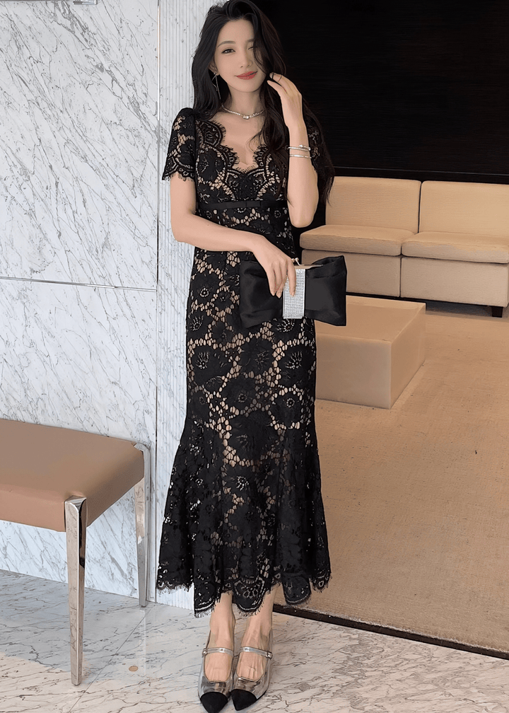 スカラップレースウエストリボンマーメイドドレス - Vera Lumina