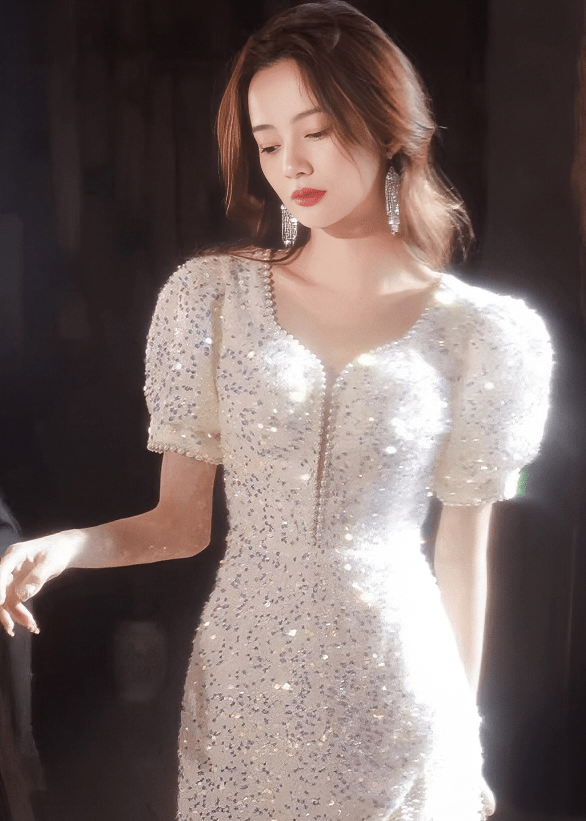 ビジューグリッターパフスリーブフリンジドレス - Vera Lumina