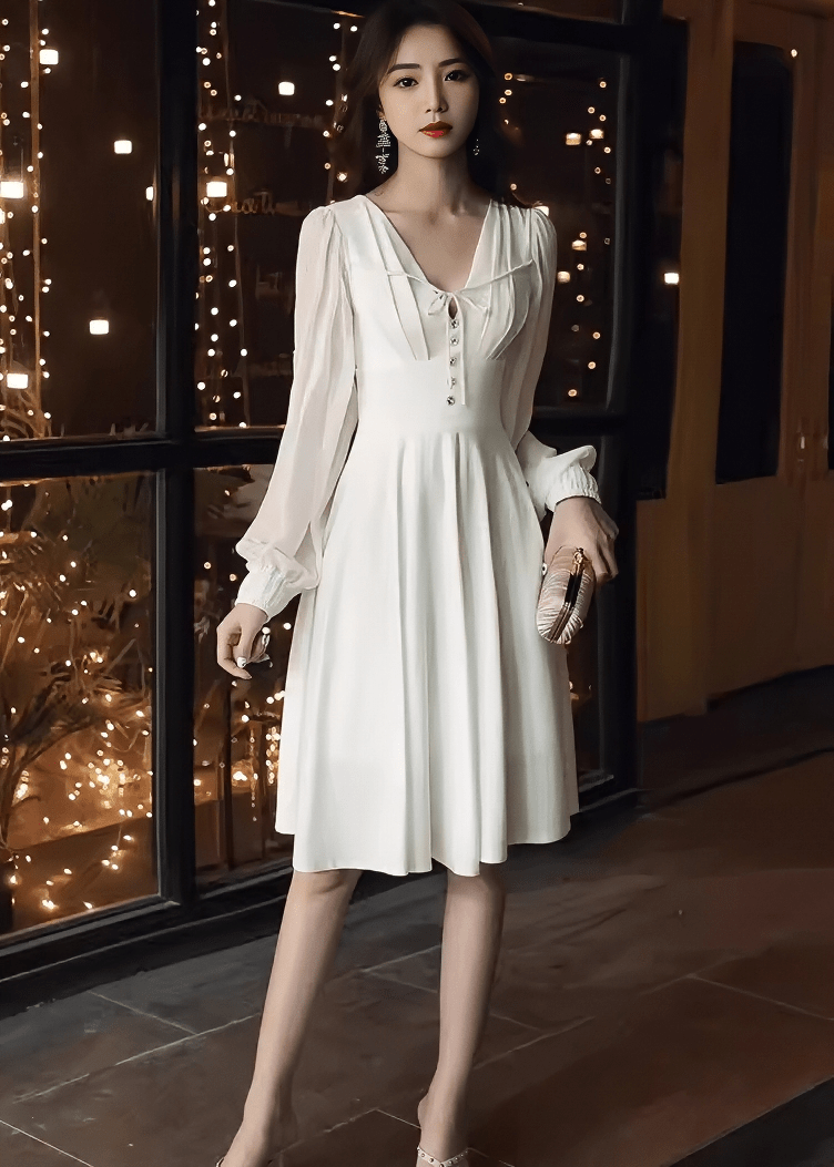 フロントリボンシアーパフスリーブフレアドレス - Vera Lumina