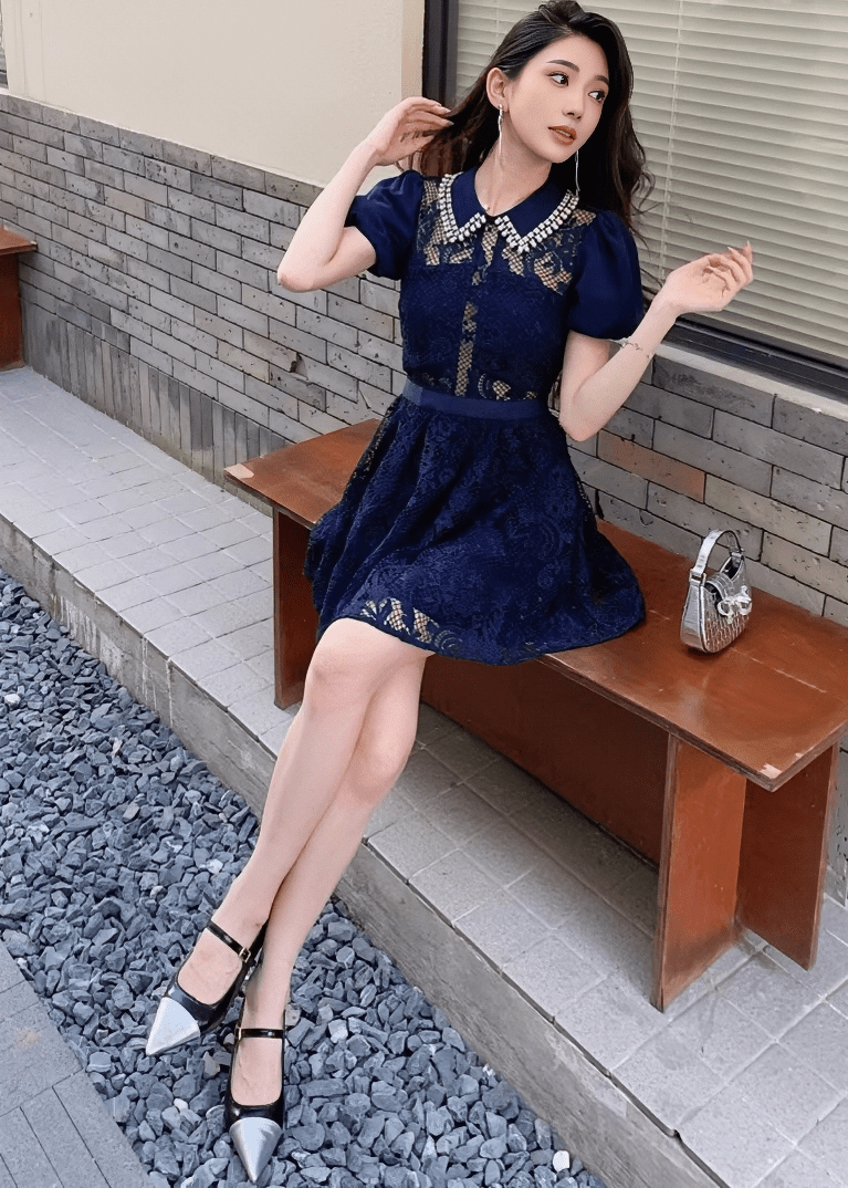 ビジューカラーシアーレースパフスリーブドレス - Vera Lumina