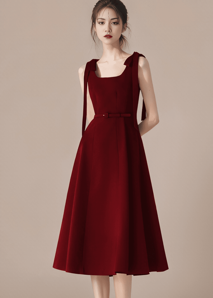 ショルダーリボンベルトフレアワンピース - Vera Lumina