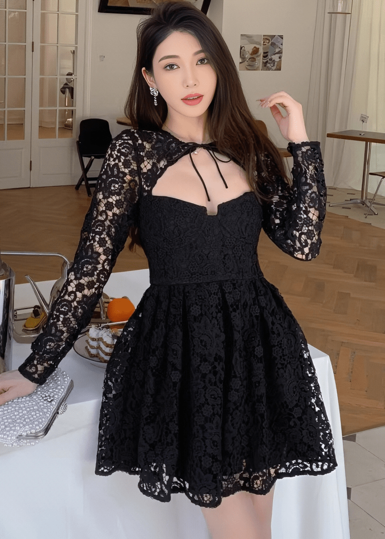 オープンデコルテリボンレースフレアドレス - Vera Lumina