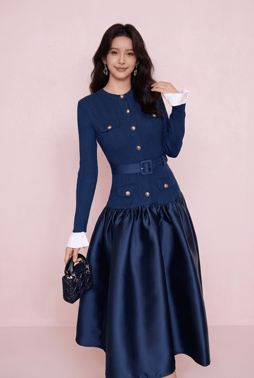 バイカラーパフスリーブバルーンシルエットドレス - Vera Lumina