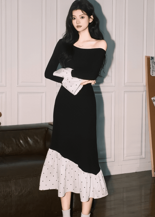 オフショルダーアシメドットマーメイドワンピース - Vera Lumina