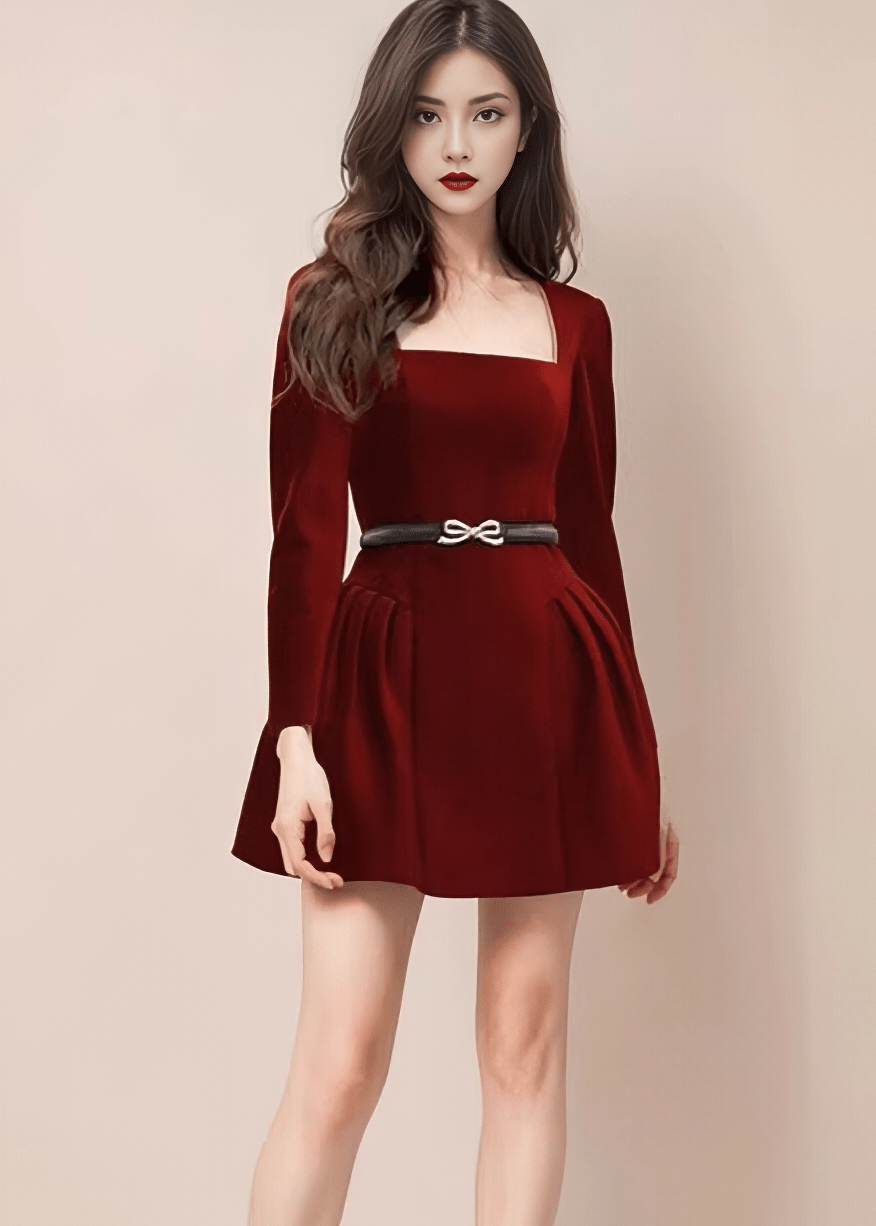 スクエアネックリボンベルトフレアドレス - Vera Lumina