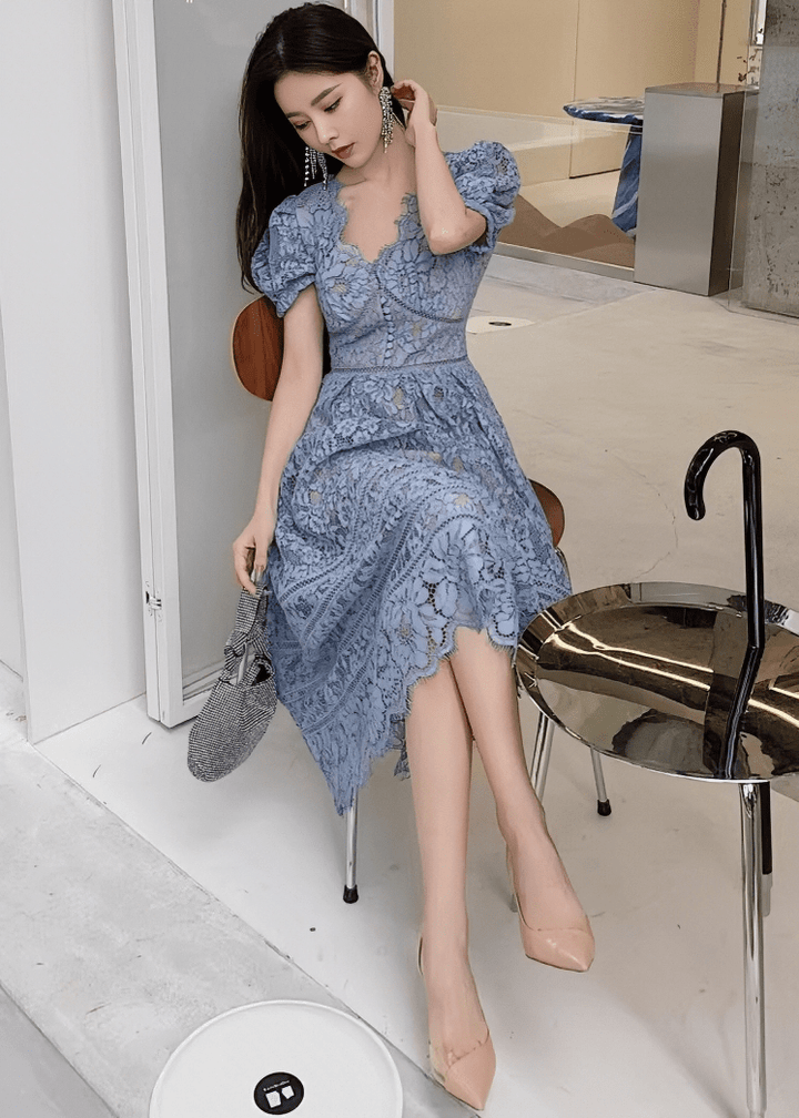 スカラップレースパフスリーブフレアドレス - Vera Lumina