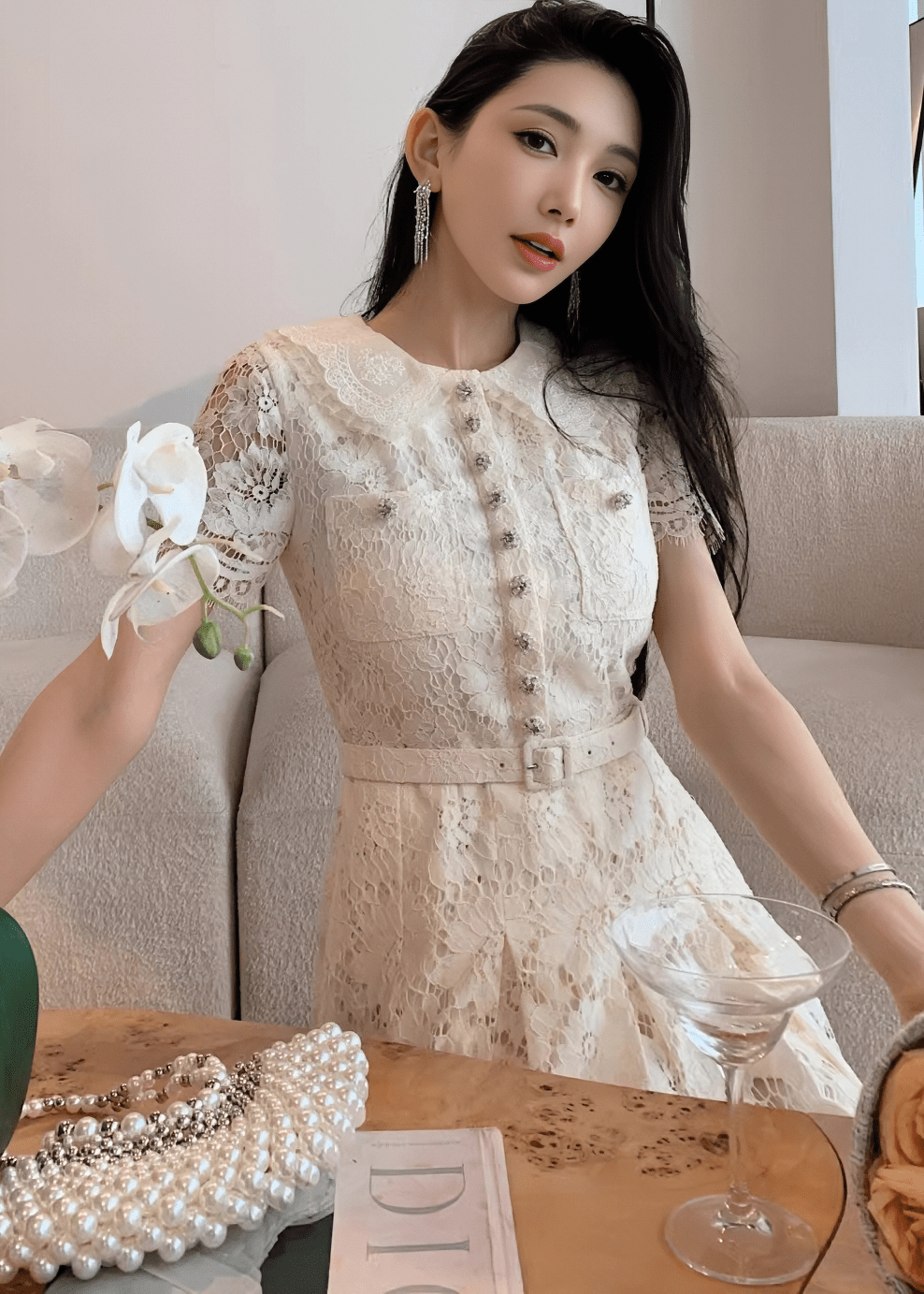 ビジューボタンスカラップレースドレス - Vera Lumina