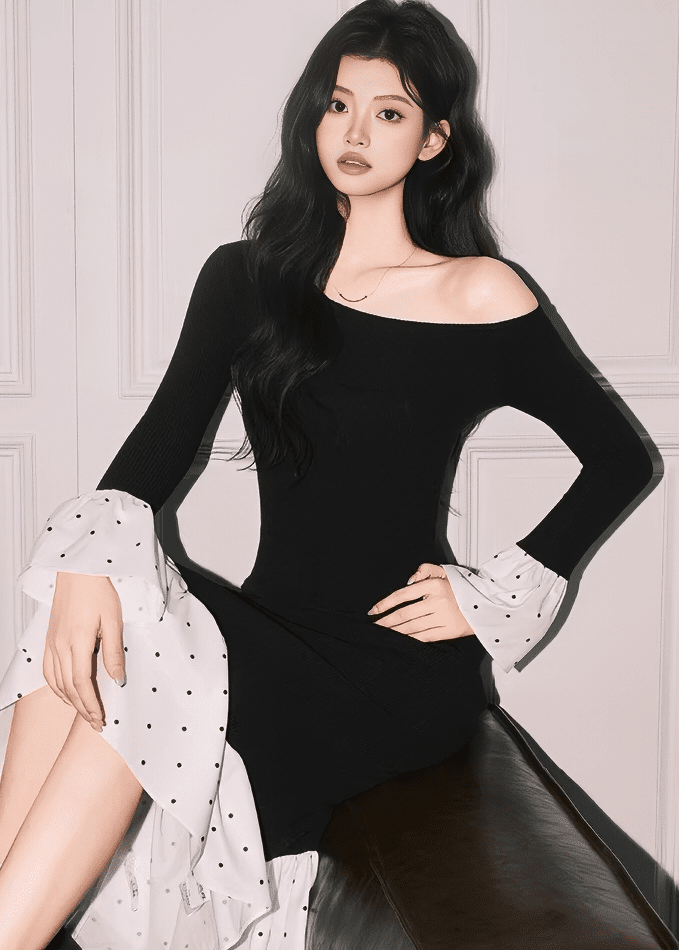 オフショルダーアシメドットマーメイドワンピース - Vera Lumina