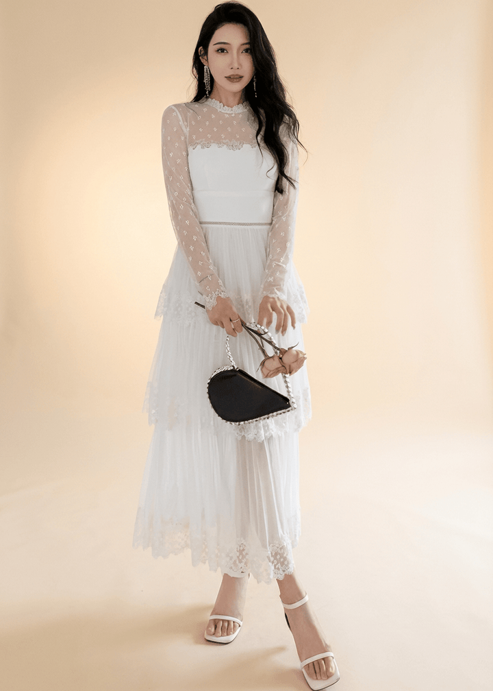 ドットチュールレースティアードプリーツドレス - Vera Lumina