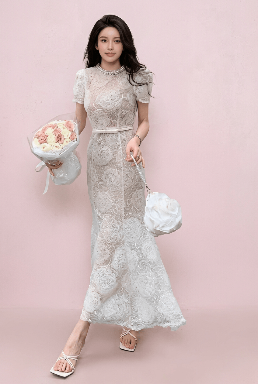 ビジューネックローズモチーフマーメイドドレス - Vera Lumina