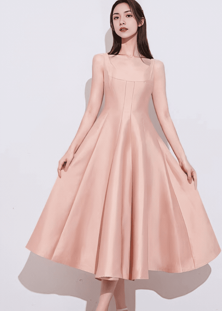 サテンシェイプスクエアネックフレアドレス - Vera Lumina