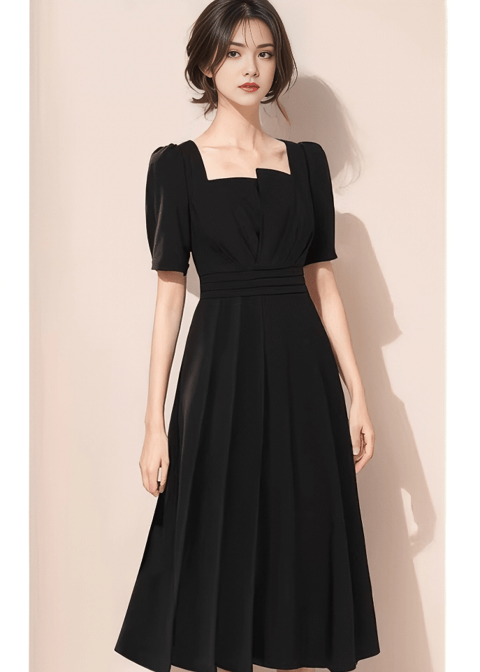 アシンメトリーパフスリーブタックフレアドレス - Vera Lumina