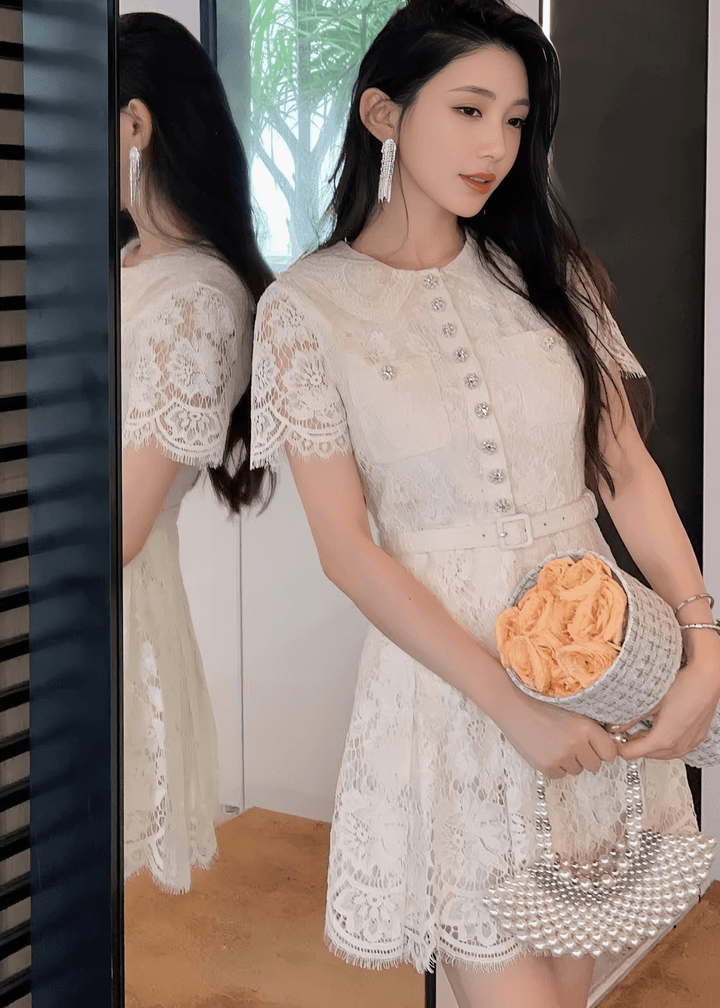 ビジューボタンスカラップレースドレス - Vera Lumina