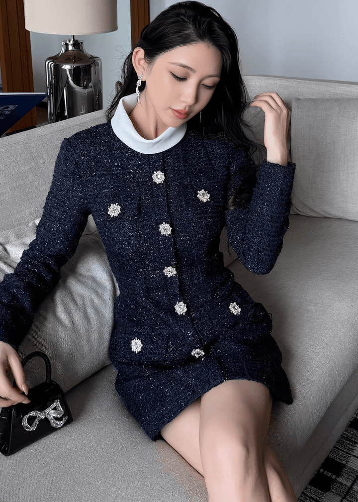 フラワービジューボタンラメツイードドレス - Vera Lumina