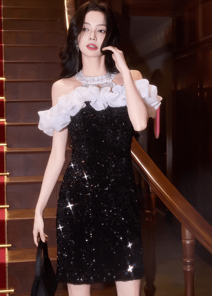 オフショルフリルビジュータイトミニドレス - Vera Lumina