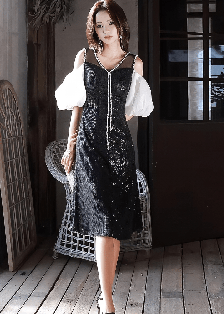 パールビジューボリュームパフスリーブフレアドレス - Vera Lumina