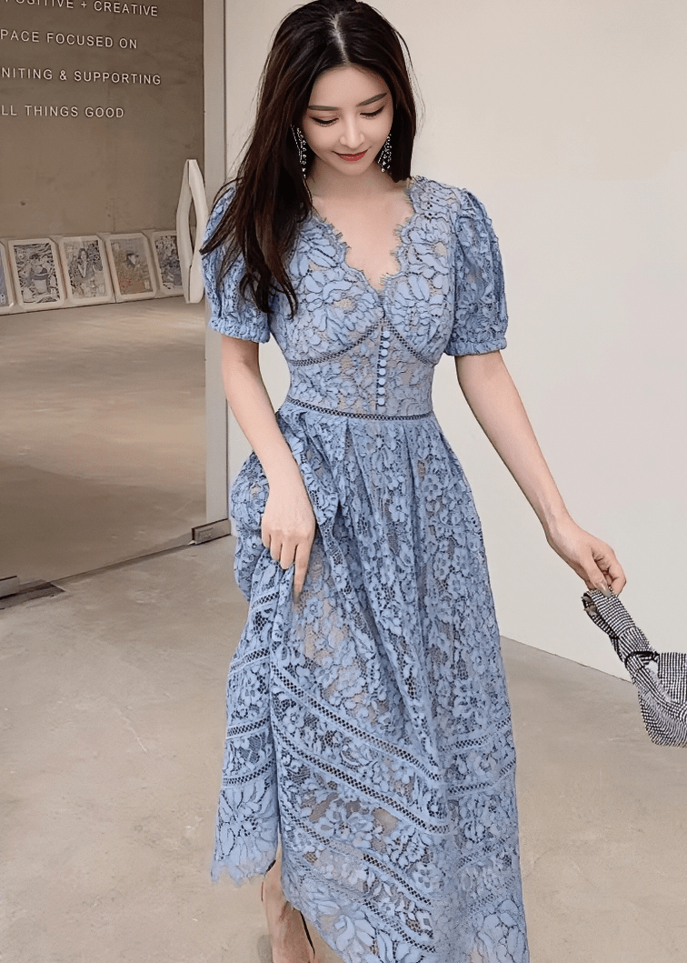 スカラップレースパフスリーブフレアドレス - Vera Lumina