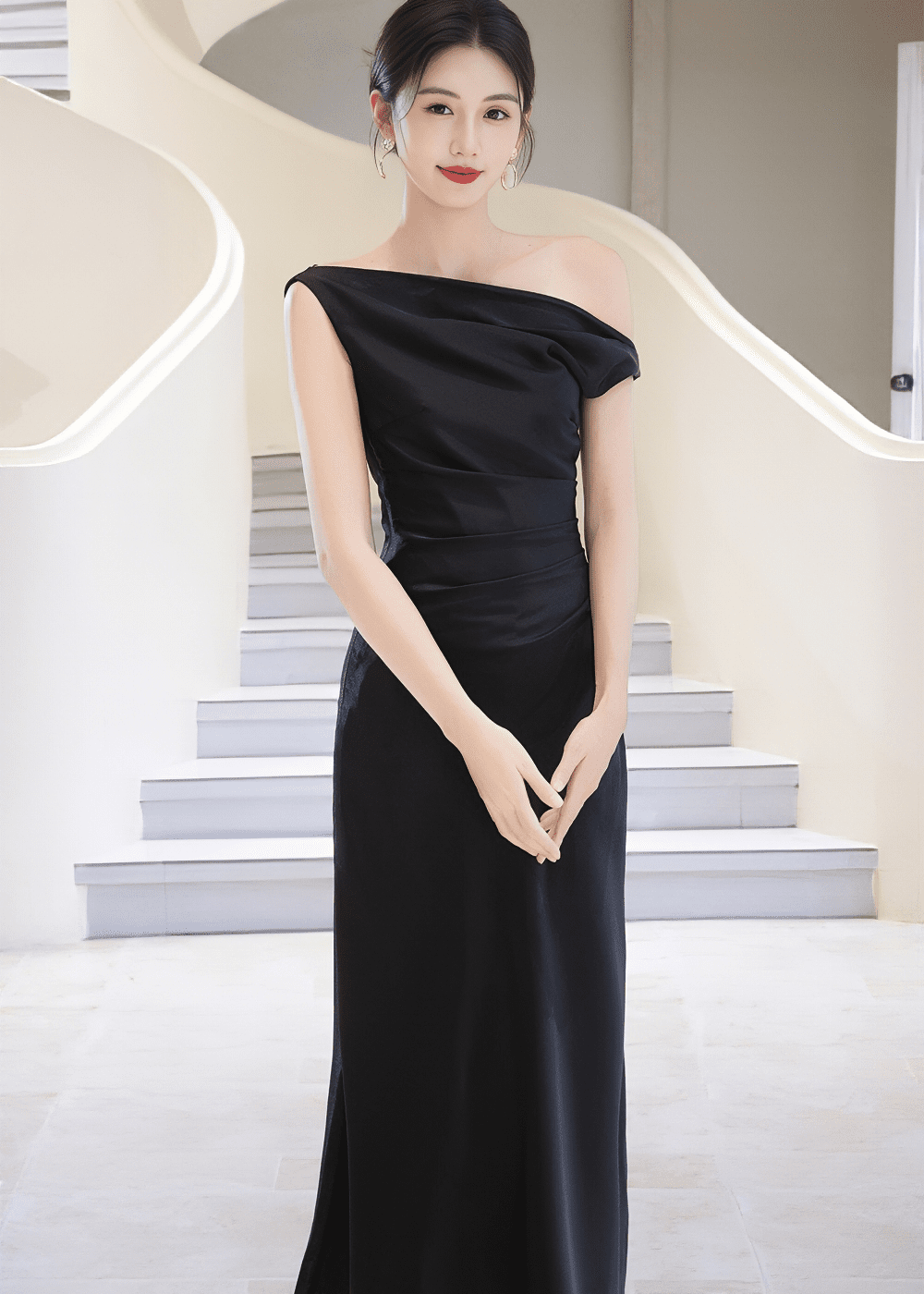 ワンショルダードレープサテンロングドレス - Vera Lumina