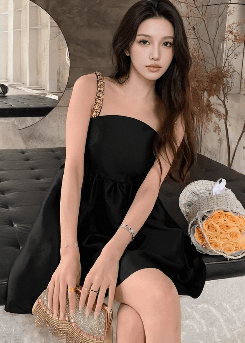 ビジューストラップサテンギャザーフレアドレス - Vera Lumina