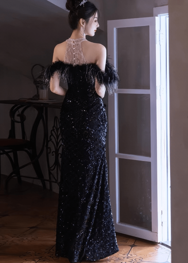 フェザーオフショルダーキラキラロングドレス - Vera Lumina