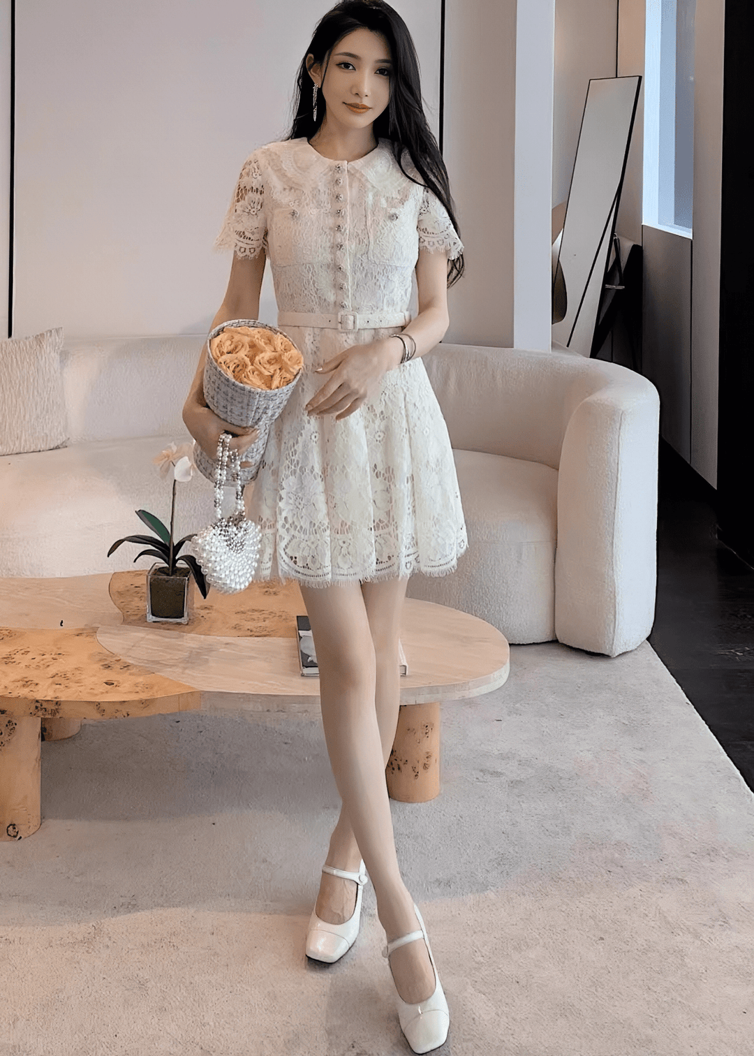 ビジューボタンスカラップレースドレス - Vera Lumina