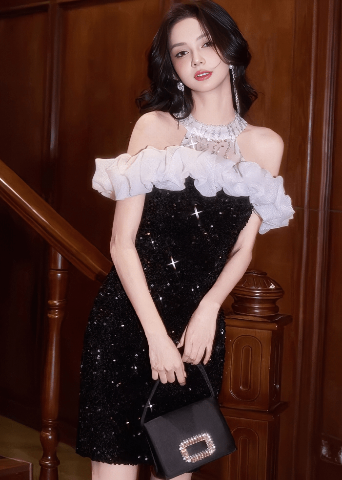 オフショルフリルビジュータイトミニドレス - Vera Lumina