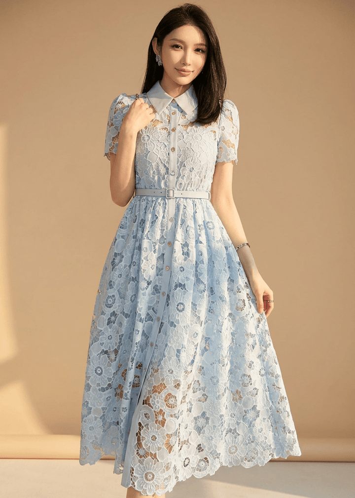 フラワーレースカラーパフスリーブフレアドレス - Vera Lumina