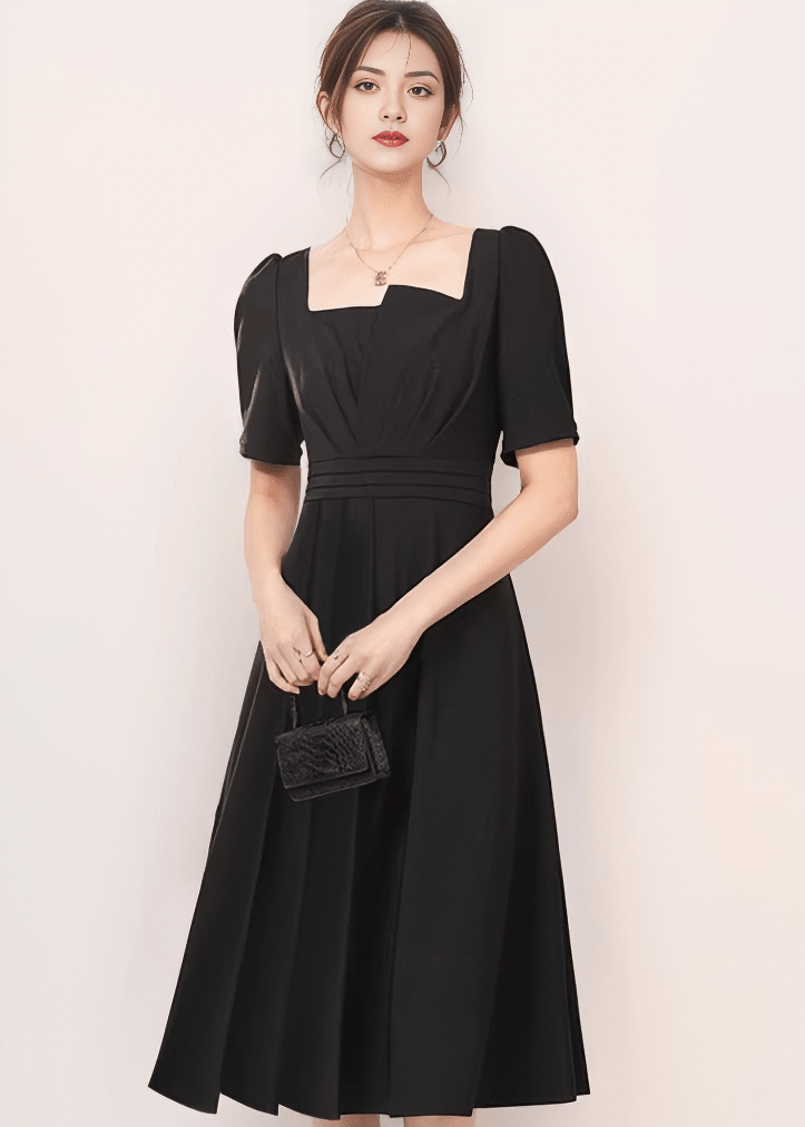 アシンメトリーパフスリーブタックフレアドレス - Vera Lumina