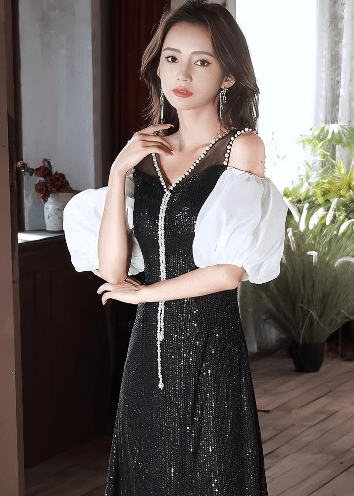 パールビジューボリュームパフスリーブフレアドレス - Vera Lumina