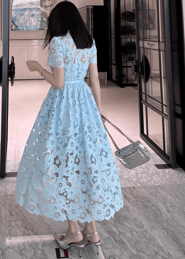 フラワーレースカラーパフスリーブフレアドレス - Vera Lumina