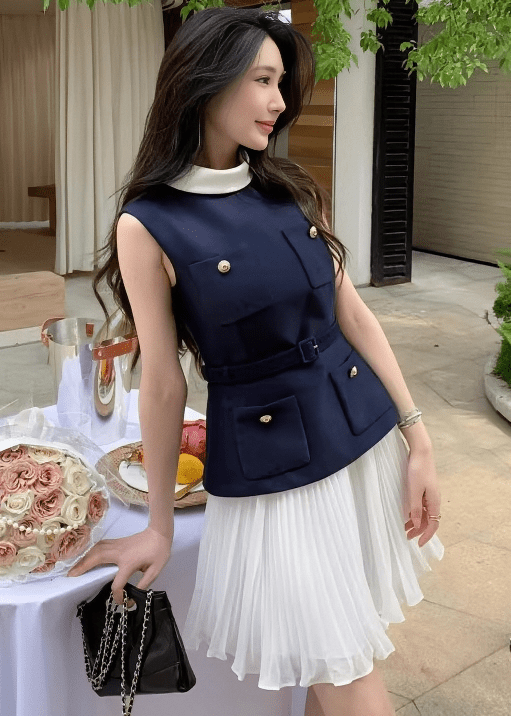 バイカラーハイネックシフォンプリーツドレス - Vera Lumina