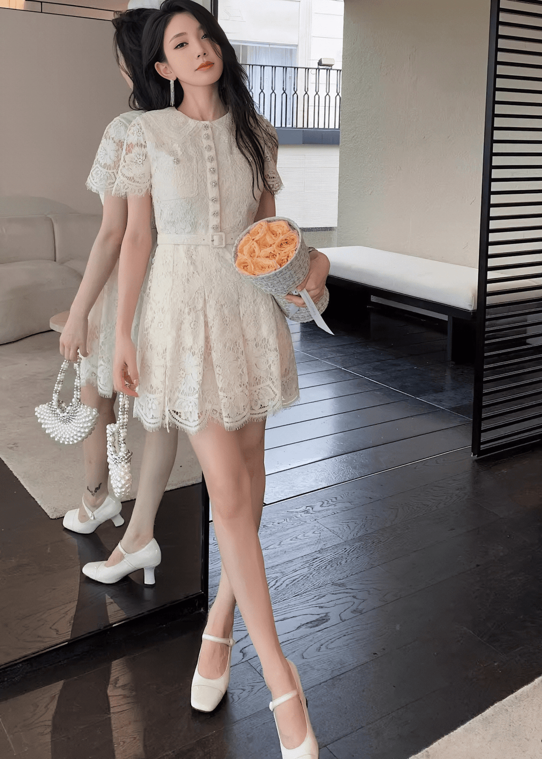 ビジューボタンスカラップレースドレス - Vera Lumina