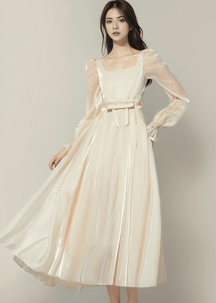 シルキーサテンサイドギャザーロングワンピース - Vera Lumina