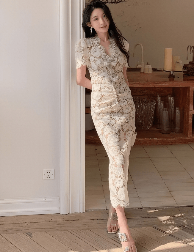 スカラップネックリボンパールマーメイドドレス - Vera Lumina