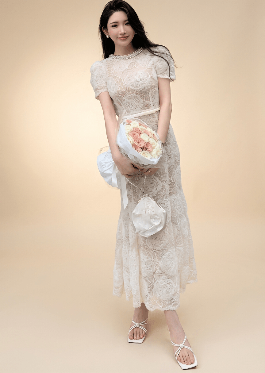 ビジューネックローズモチーフマーメイドドレス - Vera Lumina