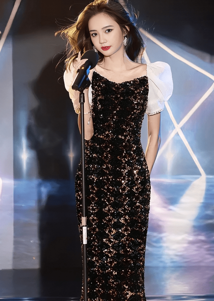 パフスリーブスパンコールマーメイドドレス - Vera Lumina