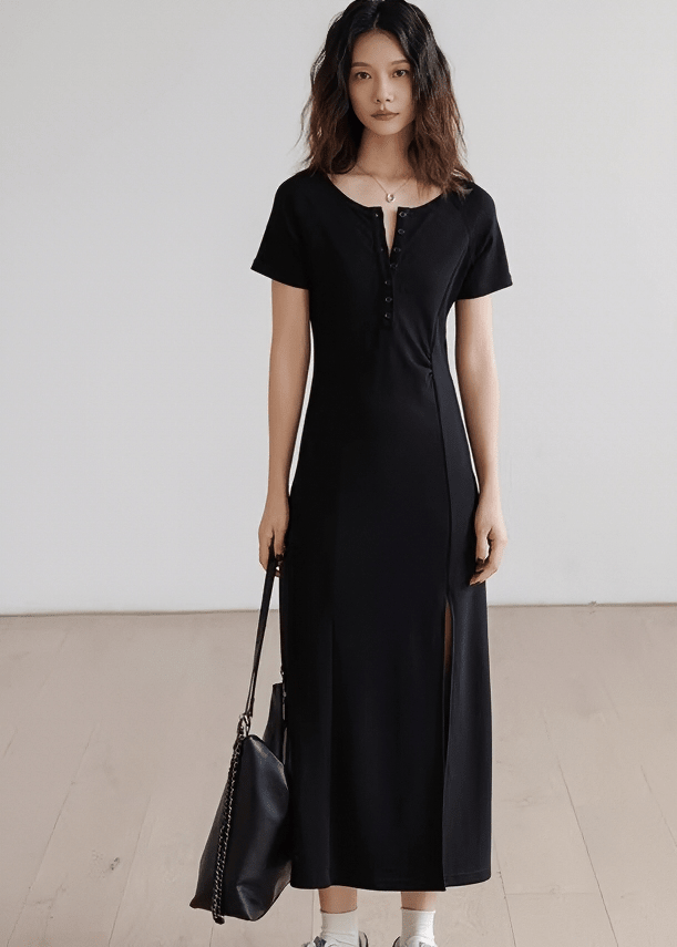 ヘンリーネックサイドスリットマキシワンピース - Vera Lumina