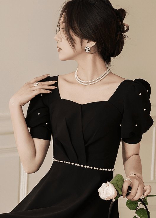 パールビジューパフスリーブフレアドレス - Vera Lumina