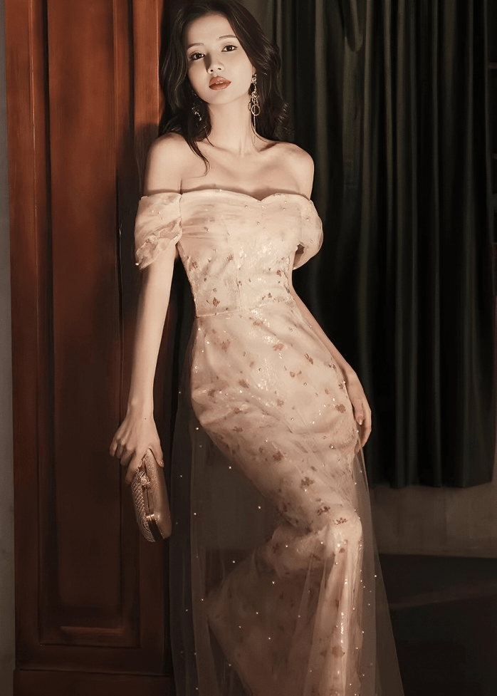 ビジューネックパフマーメイドロングドレス - Vera Lumina