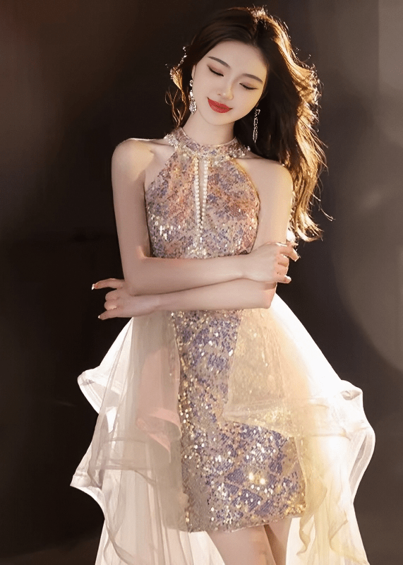 ホルターネックビジューフィッシュテールドレス - Vera Lumina