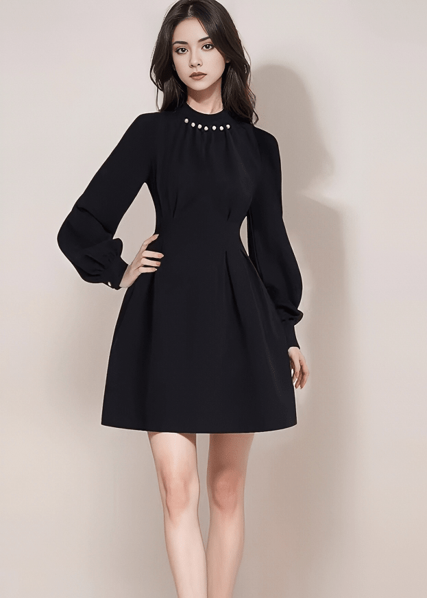 パールネックパフスリーブフレアドレス - Vera Lumina