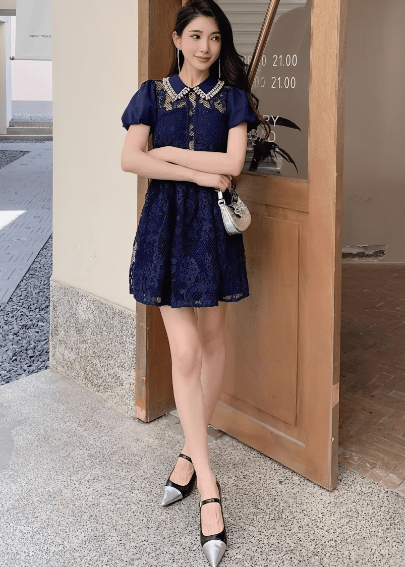 ビジューカラーシアーレースパフスリーブドレス - Vera Lumina