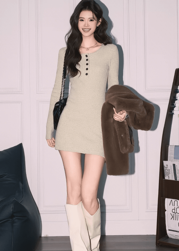 フロントボタンリブタイトミニワンピース - Vera Lumina