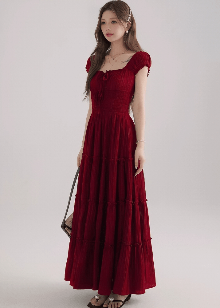 スモッキングリボンフレアマキシドレス - Vera Lumina