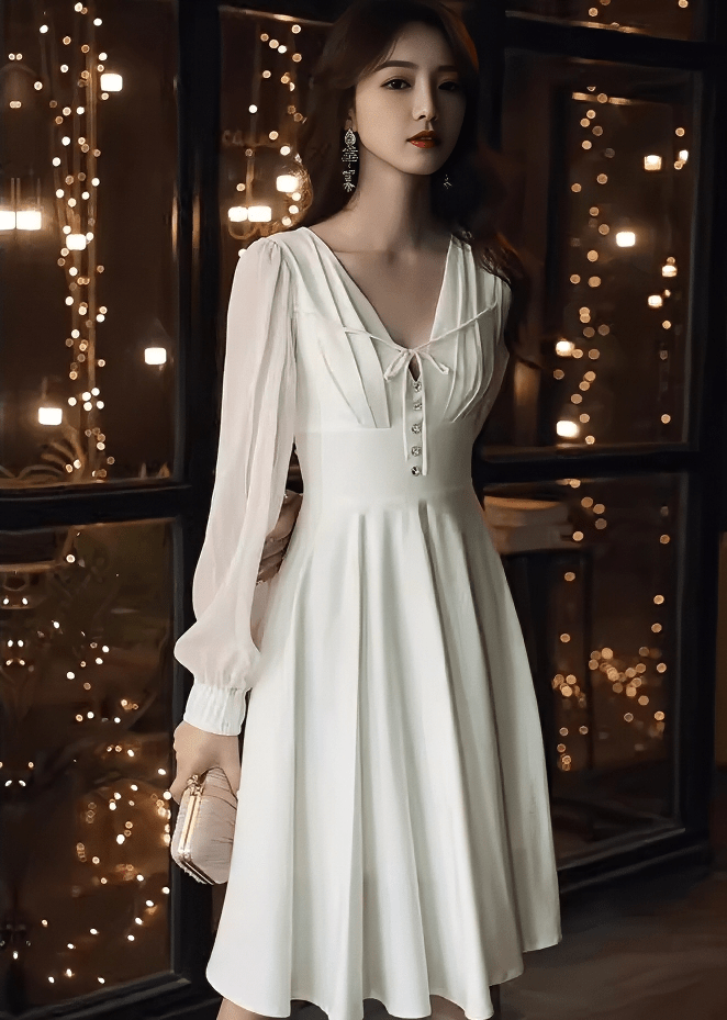 フロントリボンシアーパフスリーブフレアドレス - Vera Lumina