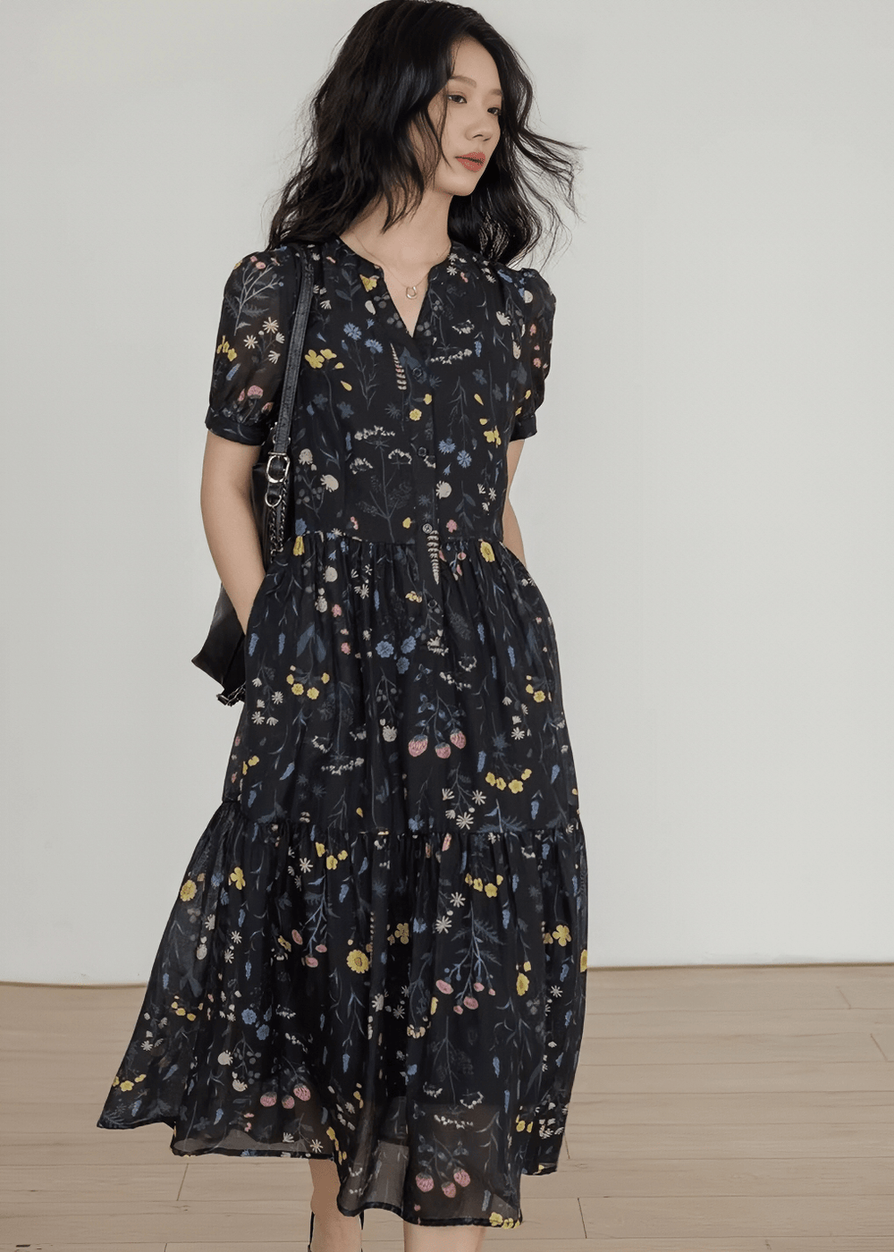 フラワーボウタイティアードワンピース - Vera Lumina