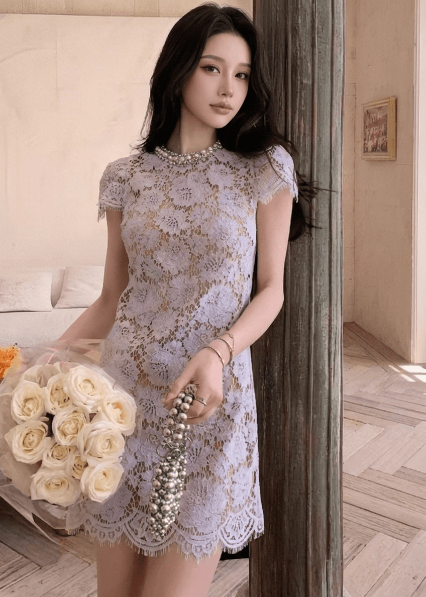 ビジューネックフローラルレースミニドレス - Vera Lumina