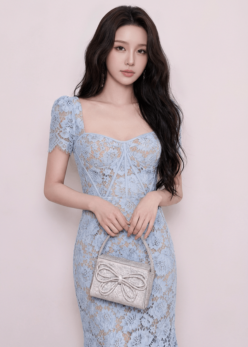 スクエアネックベルトレースマーメイドドレス - Vera Lumina